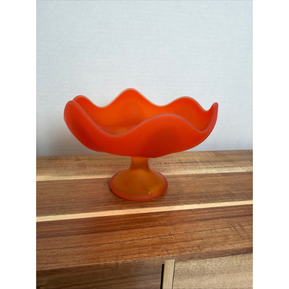 Viking Glass Epic 6 Petal Compote Persimmon Satin Frosted Pedestal Bowl MCM